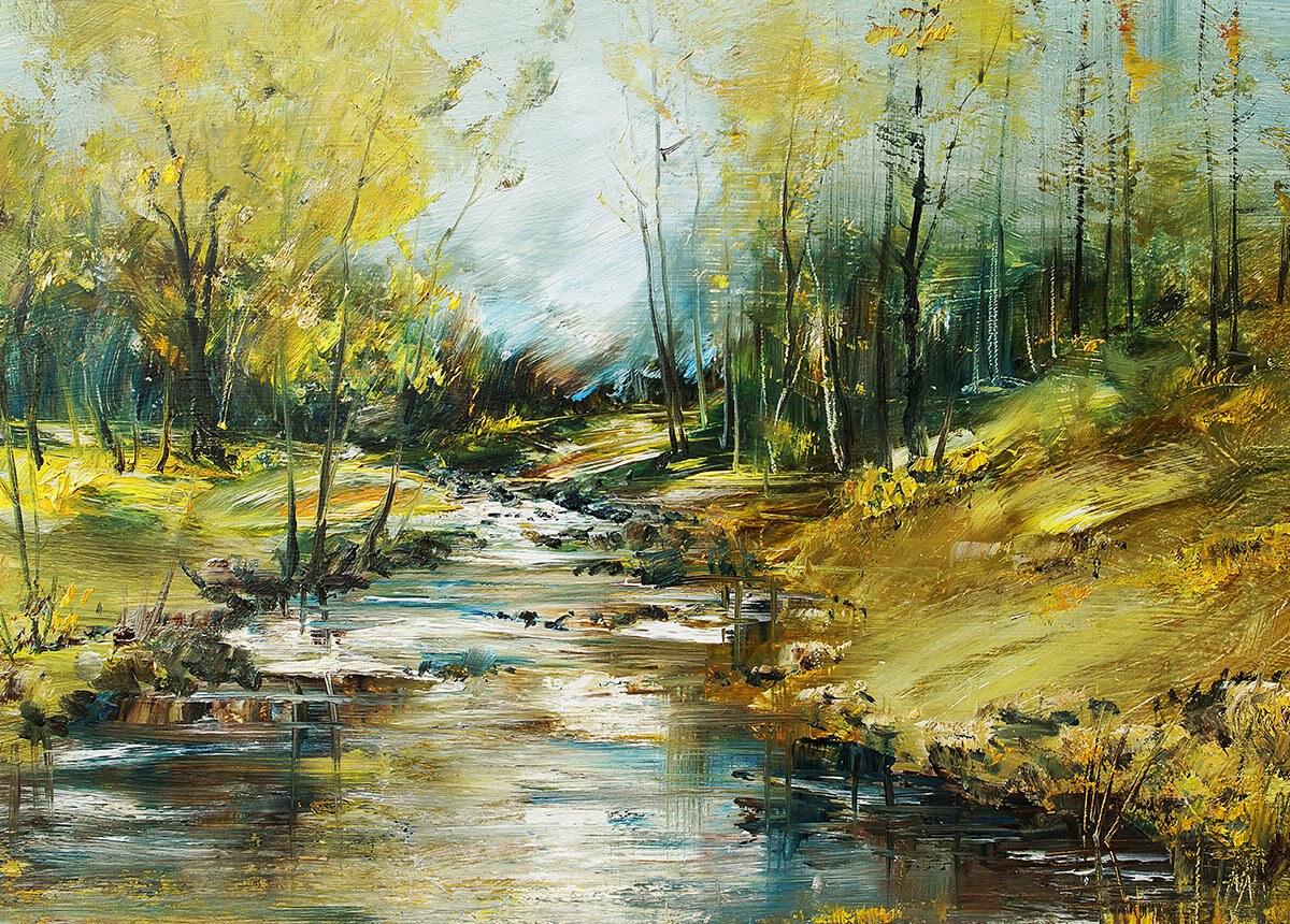 Natural landscape, running stream in the forest, original painting