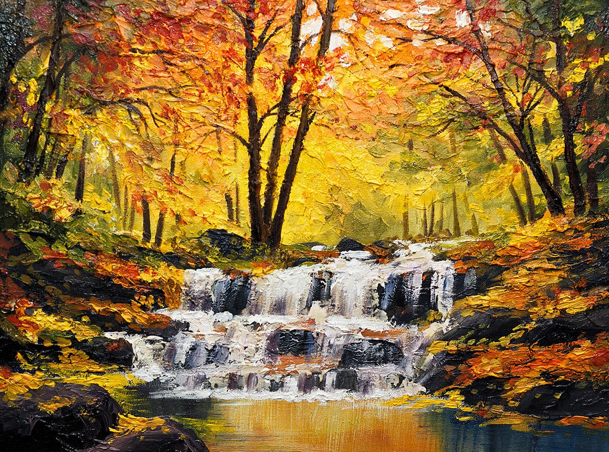 Painting with murmuring streams in the forest