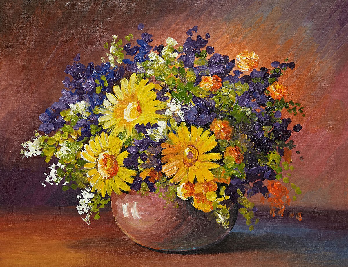 Original painting bouquet of different spring flowers