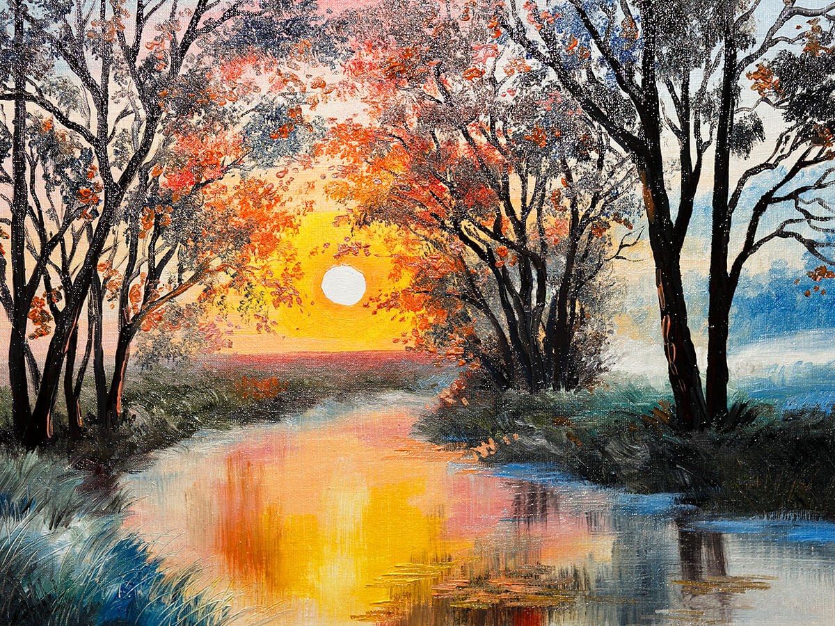 Painting forest and river at sunset