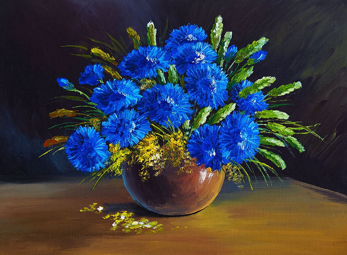 Oil painting blue wildflowers