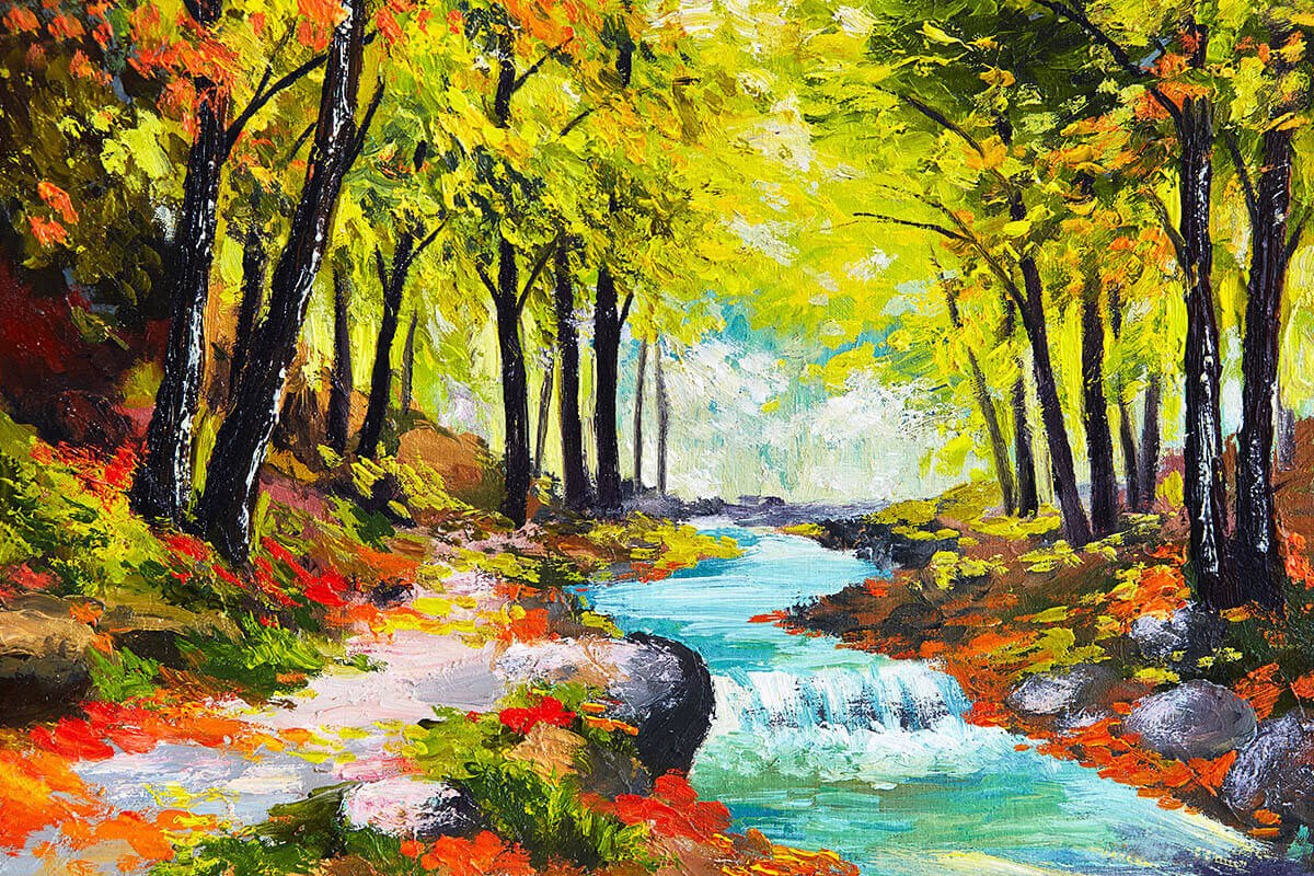 Painting with a fast stream in the forest