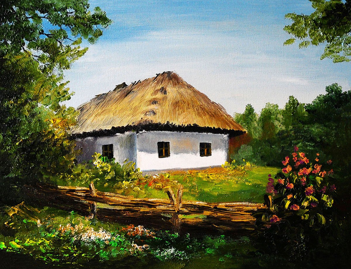 Rural house in the village, nature and flowers, original painting