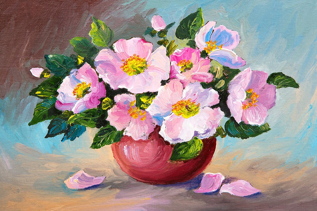 Oil painting on canvas wild roses in a vase