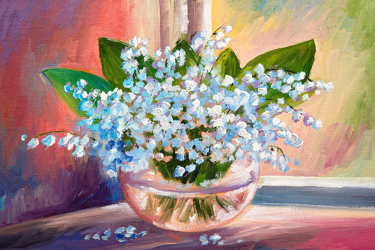 Oil painting blue and purple flowers in a vase