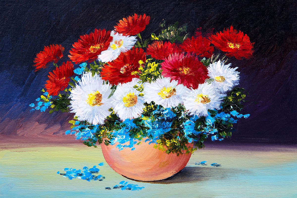 Oil painting bouquet of different spring flowers