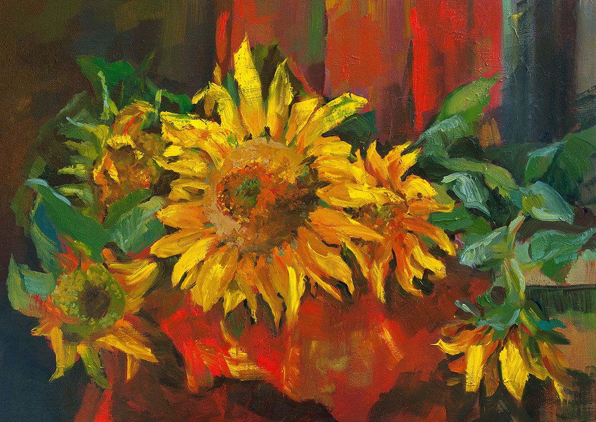 Painting with sunflowers and green leaves