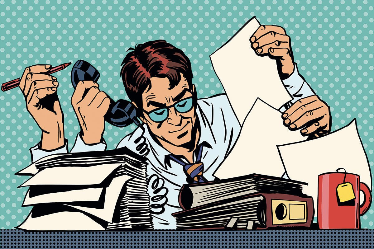 Picture of a financier with a large pile of documents