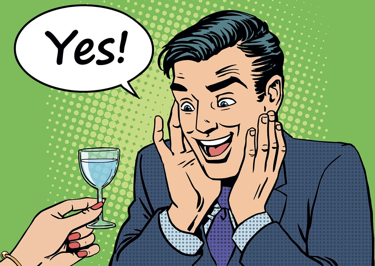 Illustration of a joyful man who was brought his drink