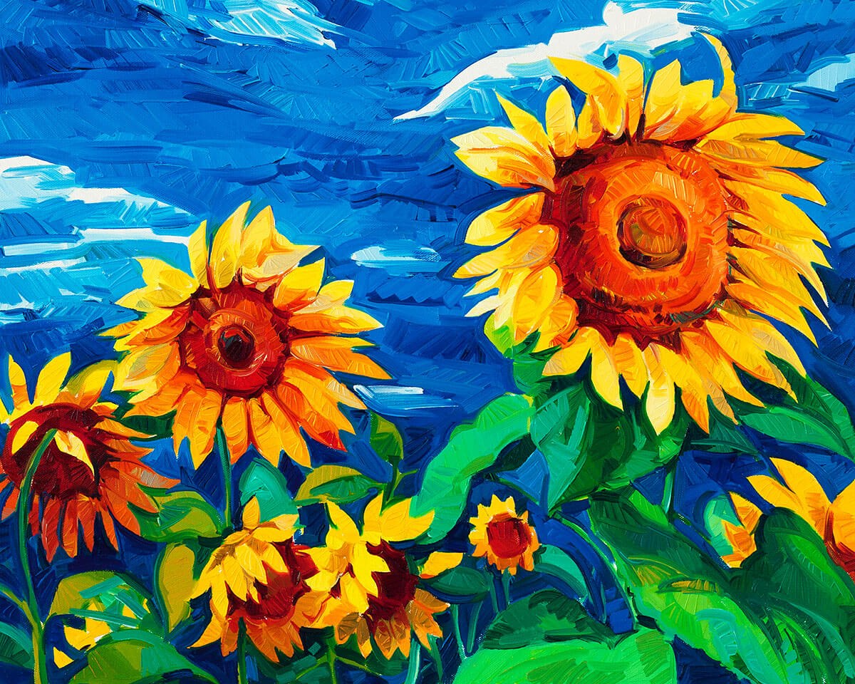 Painting with stunning sunflowers against the sky