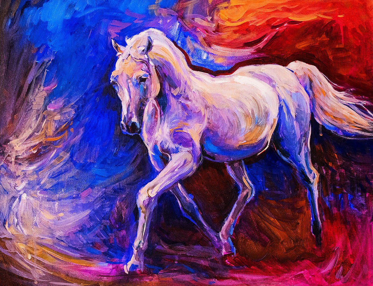 Oil painting on canvas stately white horse