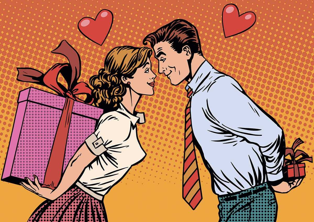 Man and woman give gifts to each other Man and woman give gifts to each other