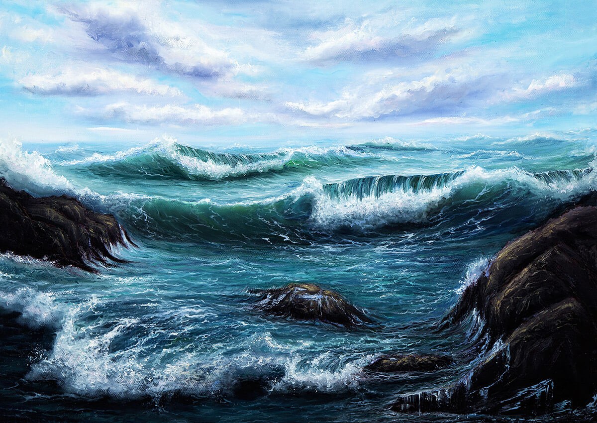 Raging waves hitting stones, original oil painting