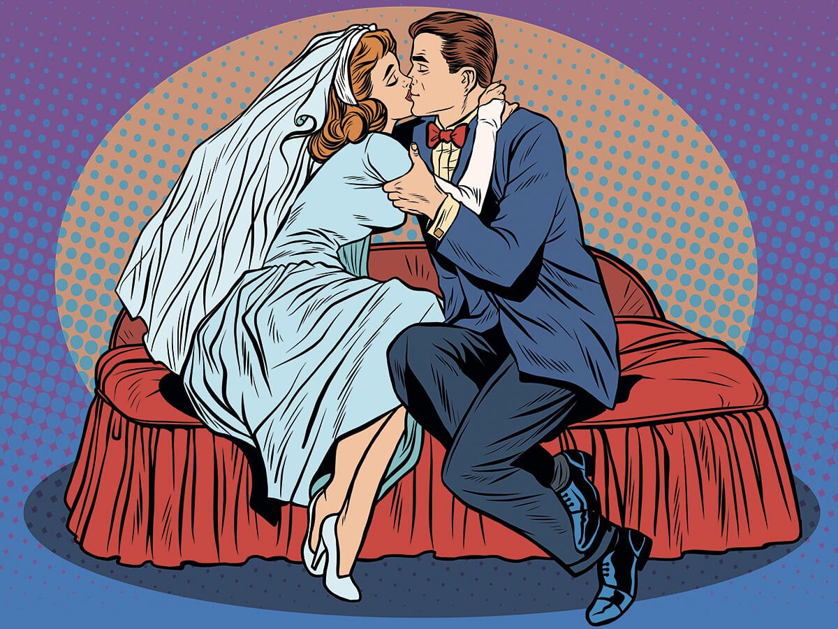 Illustration of tender embraces of newlyweds