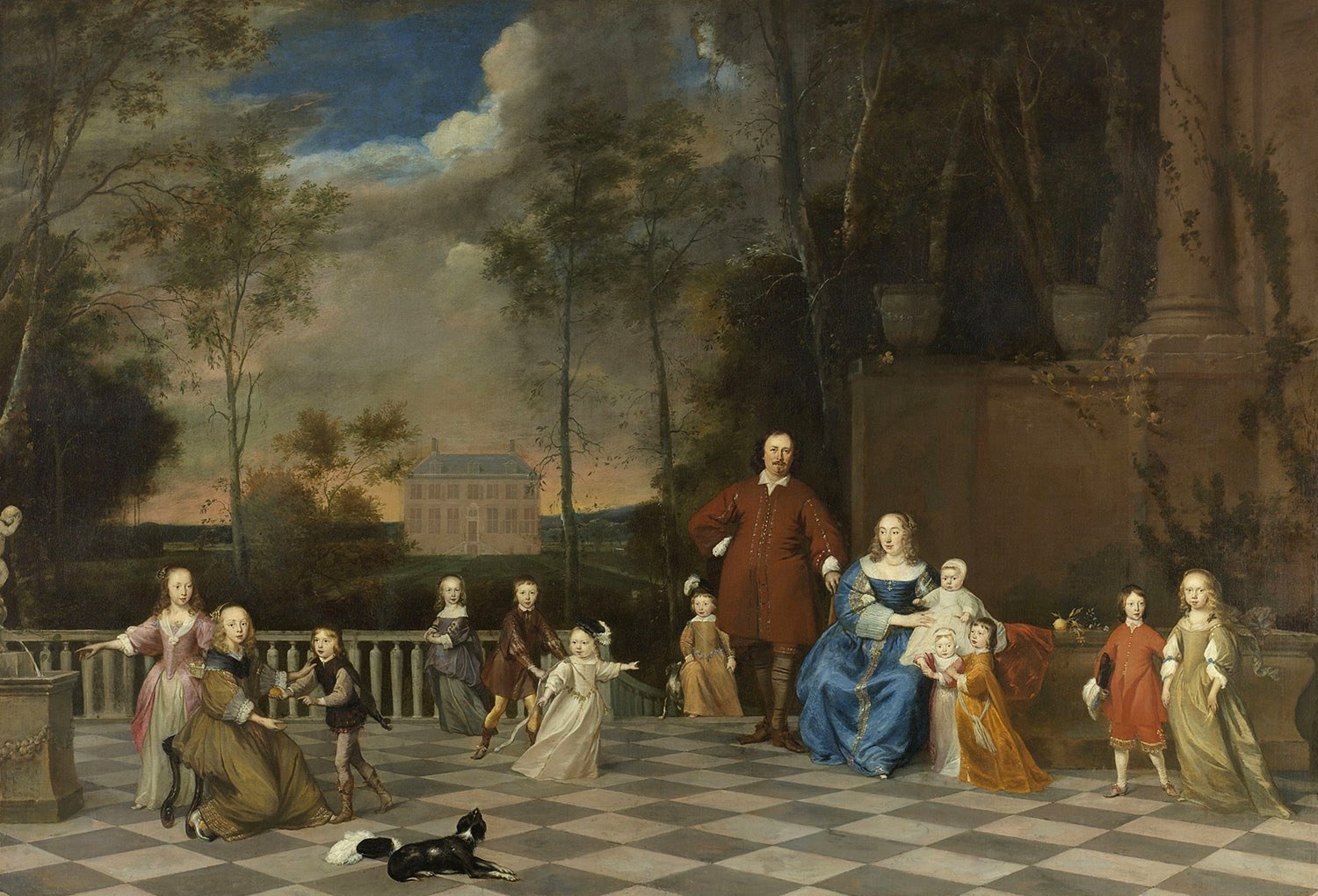 Amsterdam Merchant Jeremias van Collen with his Wife and their Twelve Children, Artist: Attributed to Pieter van Anraedt, 1655-1657, Amsterdam, Netherlands, Original painting