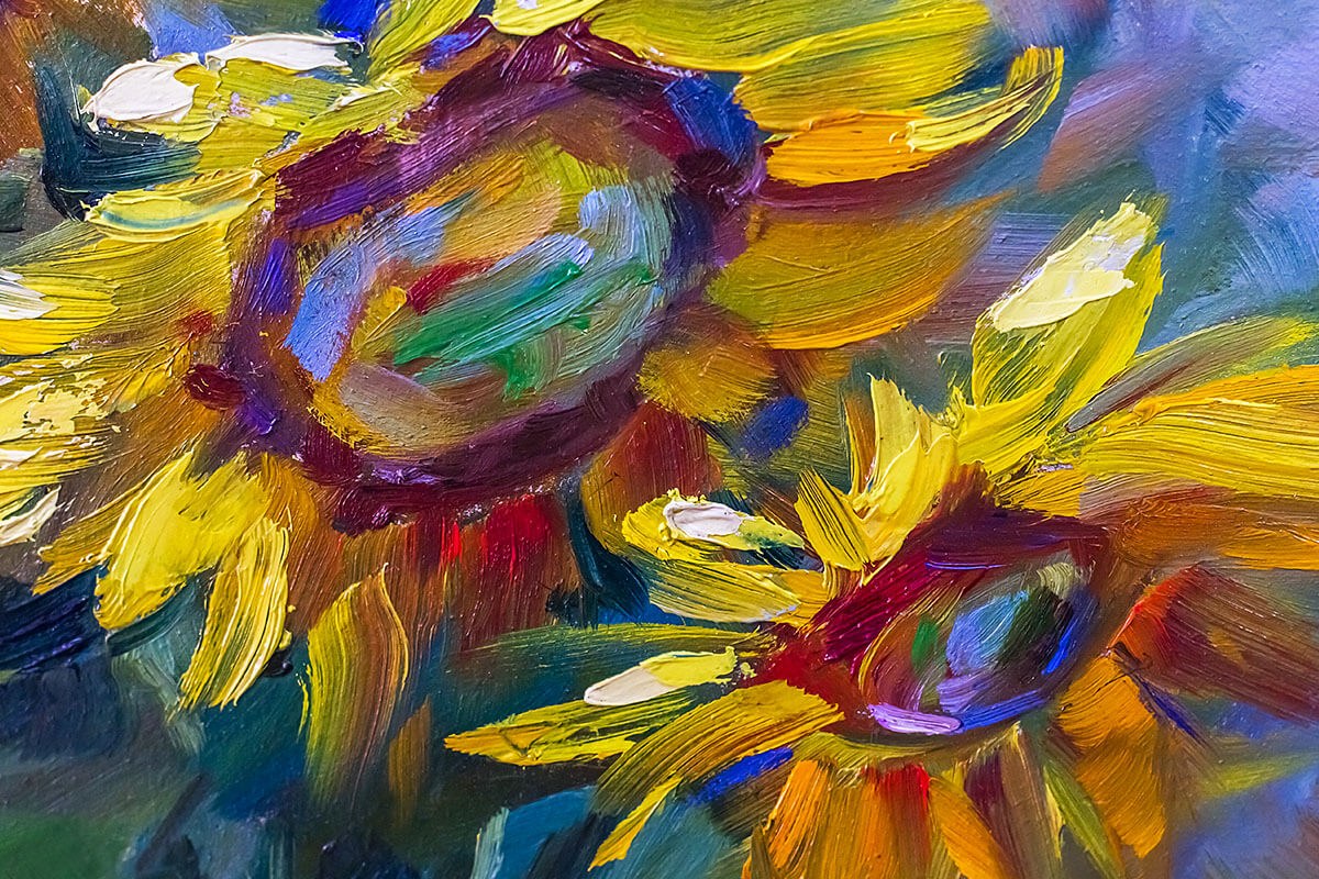 Oil painting two beautiful sunflowers