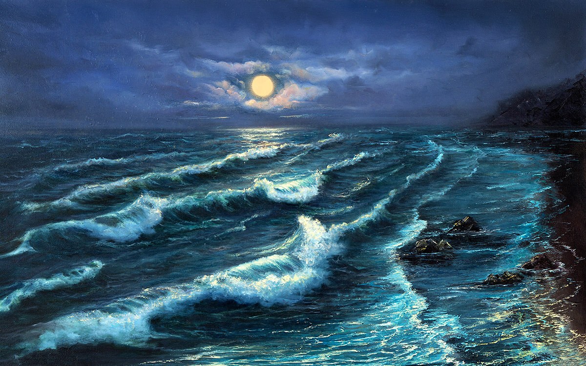 Painting with a night view of the waves and a round moon