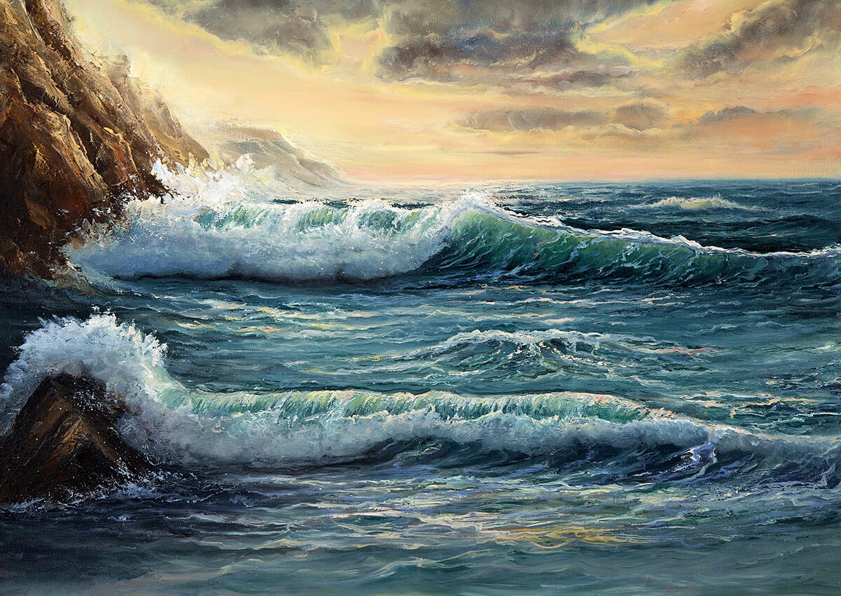 Painting with raging waves near the rocks