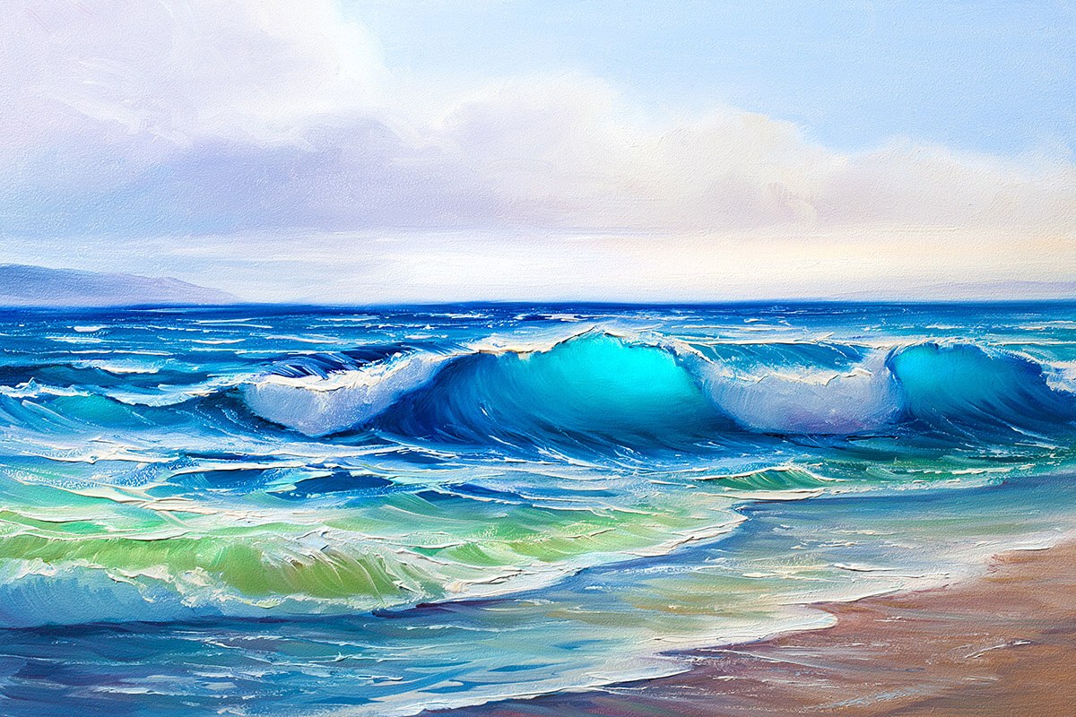 Delicate waves at dawn, oil painting