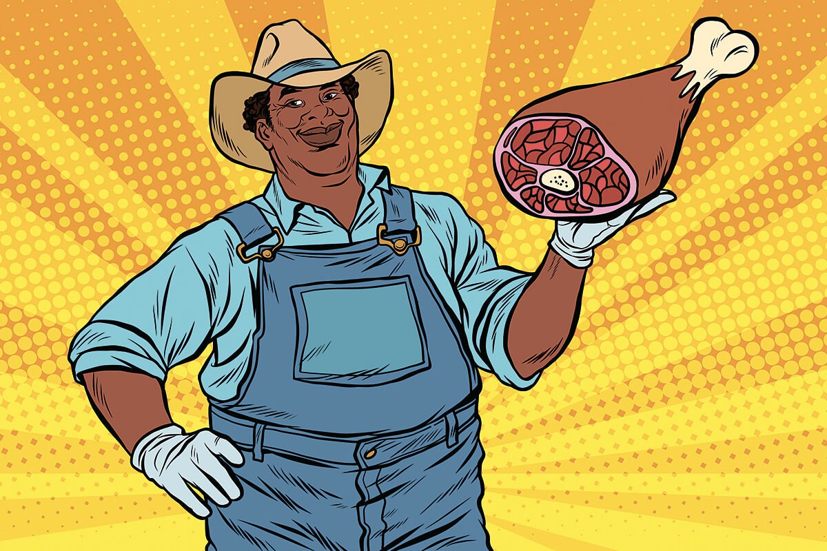 Illustration of a farmer with a meat foot