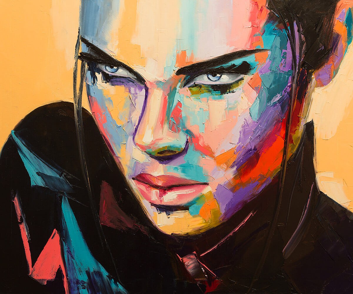 Oil painting with a predatory woman face