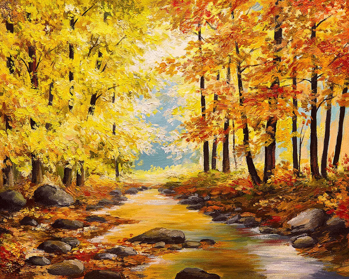 Painting with trees and a stream in the forest