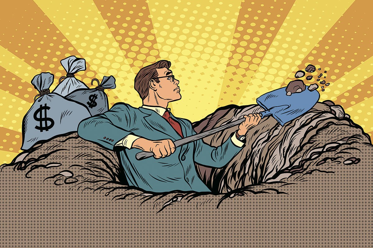 Picture of a greedy man burying his bags of money in the ground