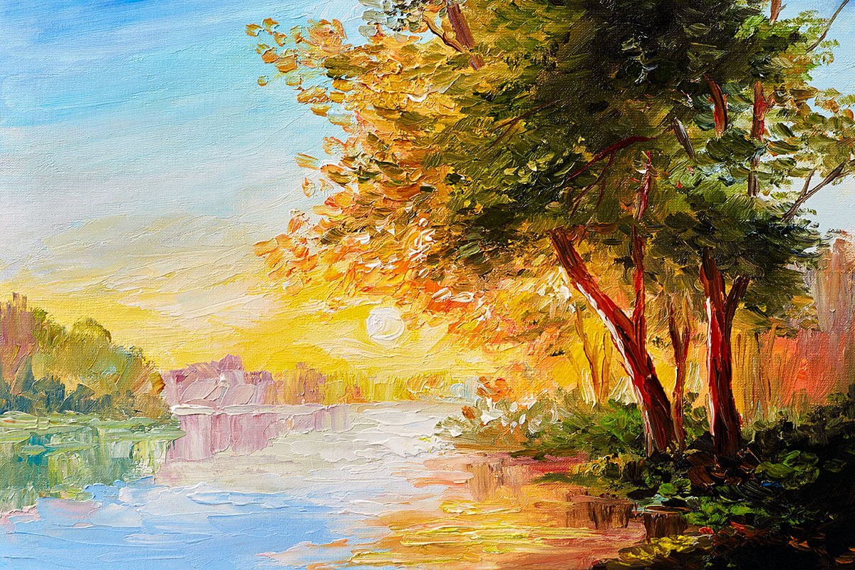 Trees with green and yellow leaves on the river shore, oil painting