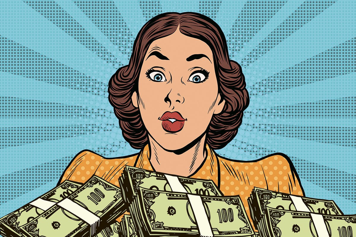 Picture of a surprised woman who saw a lot of money