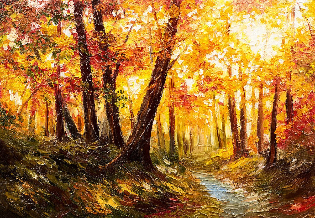 Dense forest and stream, bright morning, oil painting