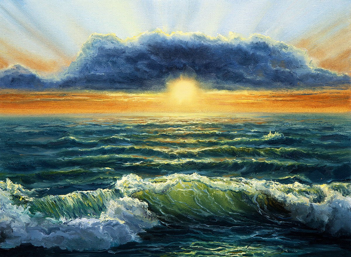 Bright sunset and waves, oil painting on canvas
