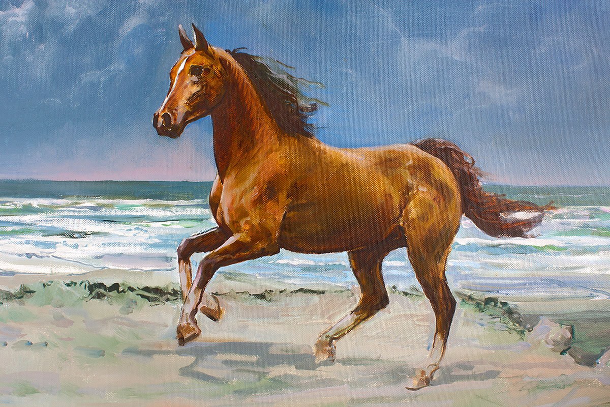 Painting brown horse galloping on the sand