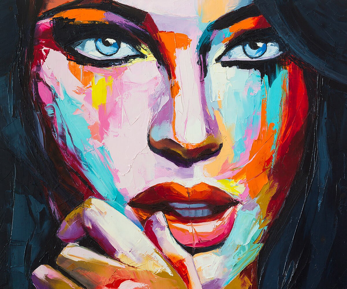 Face of a beautiful woman with red lips, original painting