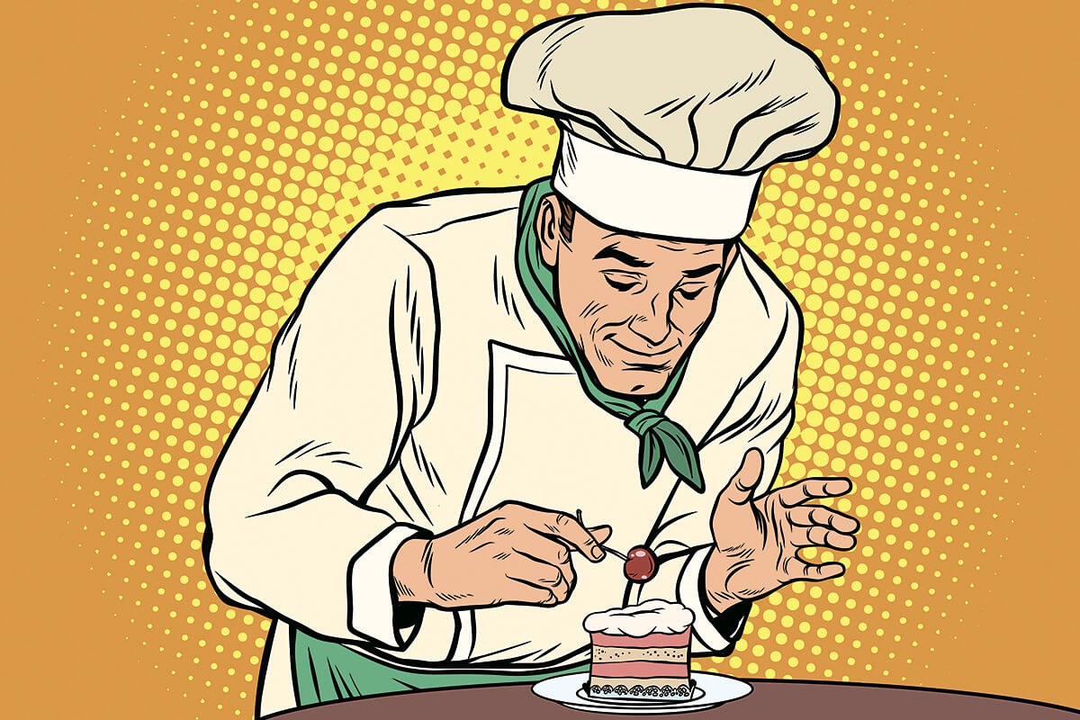 Illustration of a cook who beautifully decorates a cake