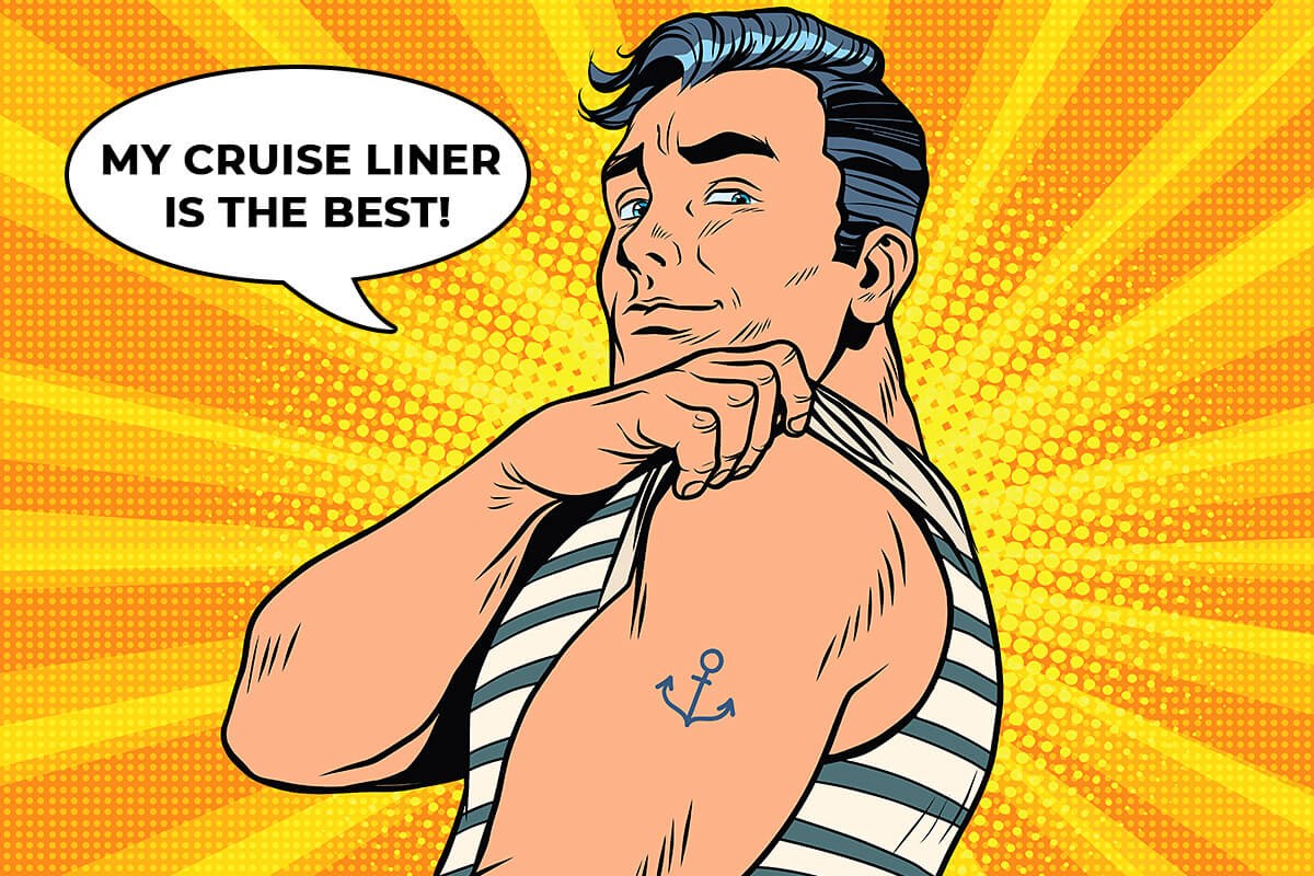 The captain of the liner shows a drawn anchor on his hand