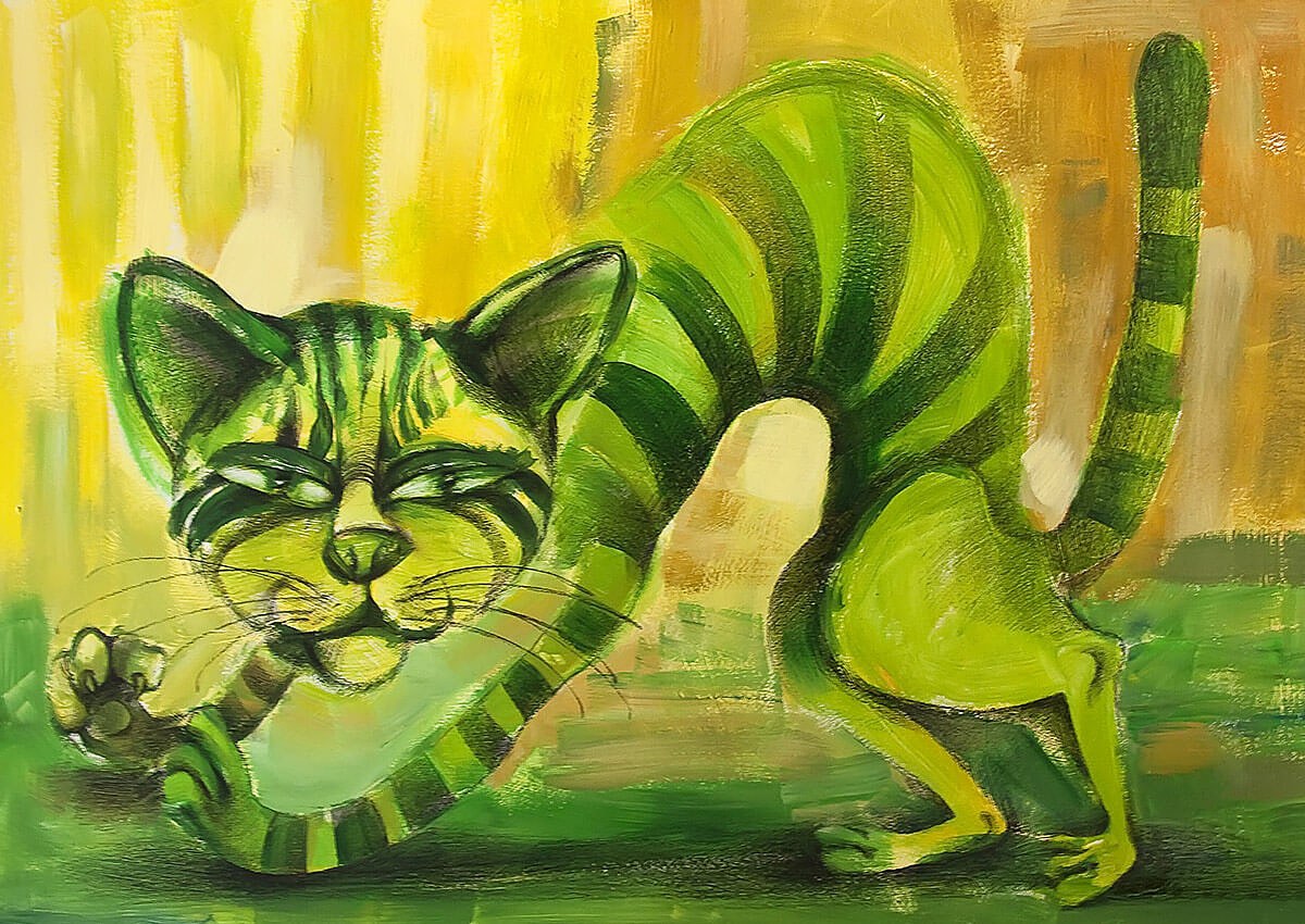 Painting of a cheerful green cat Painting of a cheerful green cat