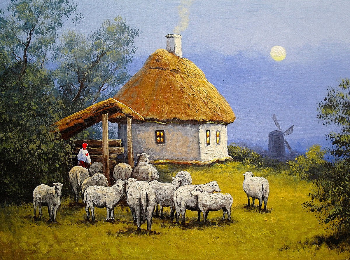 Nature, rural house and several sheep nearby, village, oil painting
