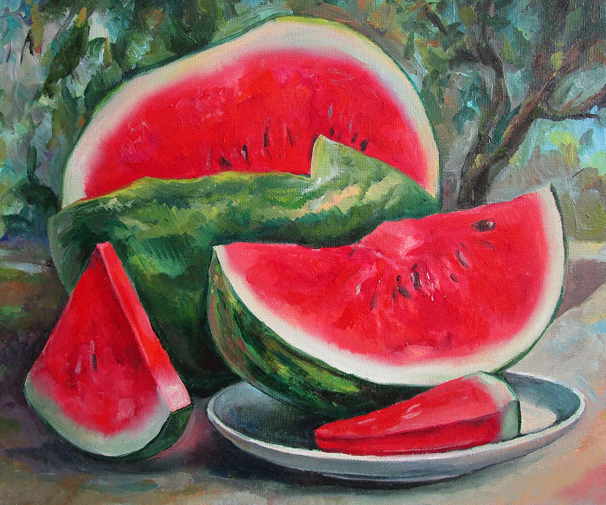 Painting ripe red watermelon