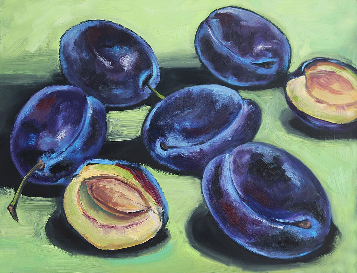 Original painting of a lot of ripe plums