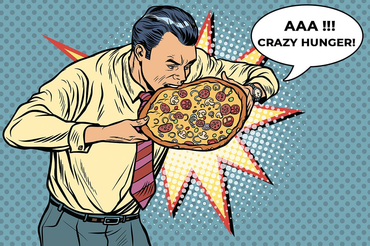 Picture of a hungry man eating pizza fast