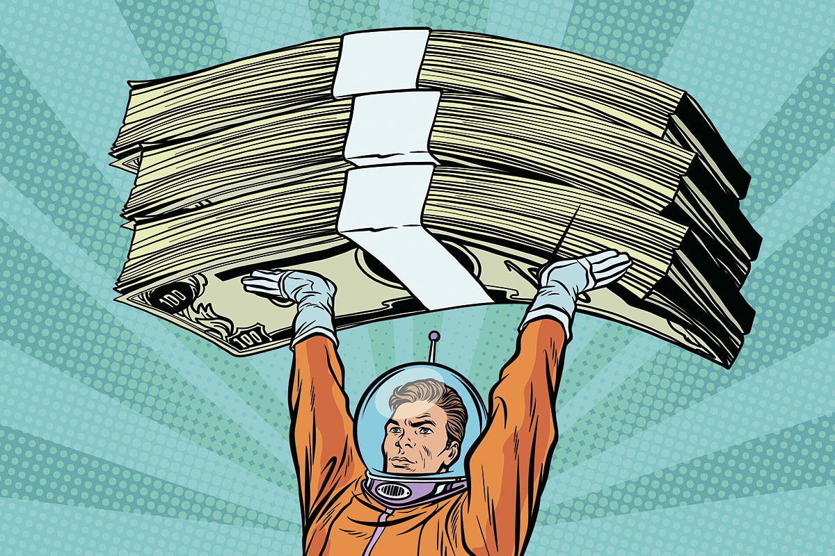 The cosmonaut holds bundles of money over his head