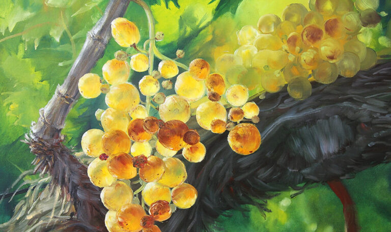 Oil painting on canvas yellow grapes with leaves on a branch