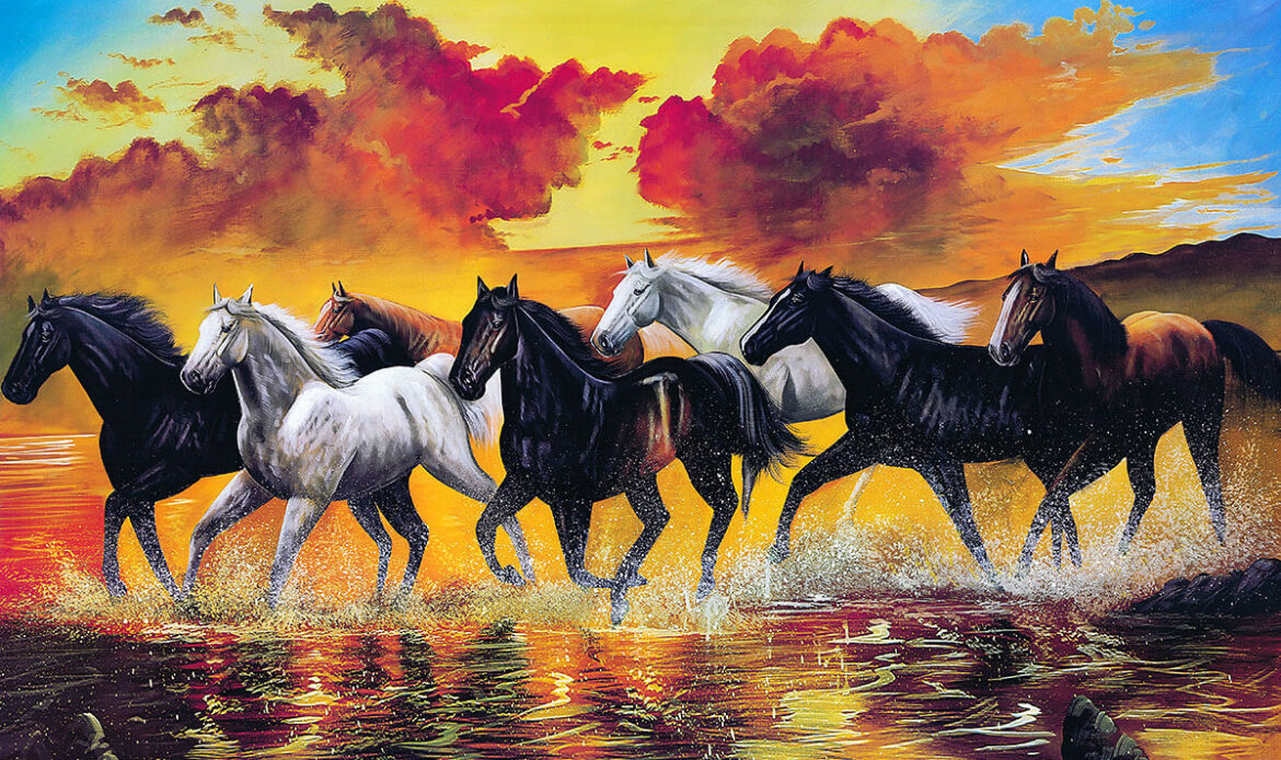 Oil painting on canvas horses running on water