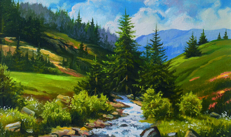 Mountain nature landscape, running stream, original painting