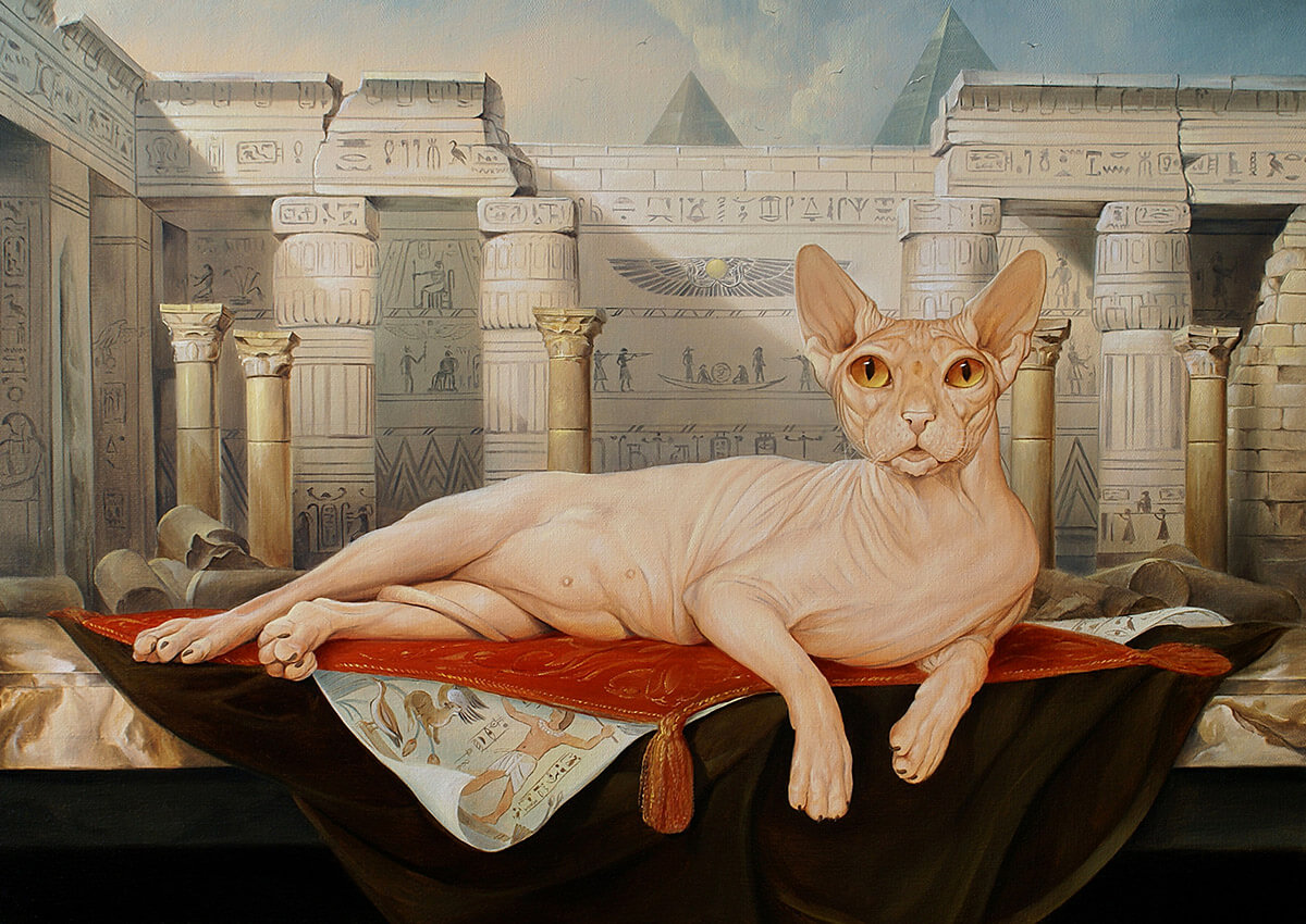 Painting of a lying cat against the background of the Egyptian Pyramids