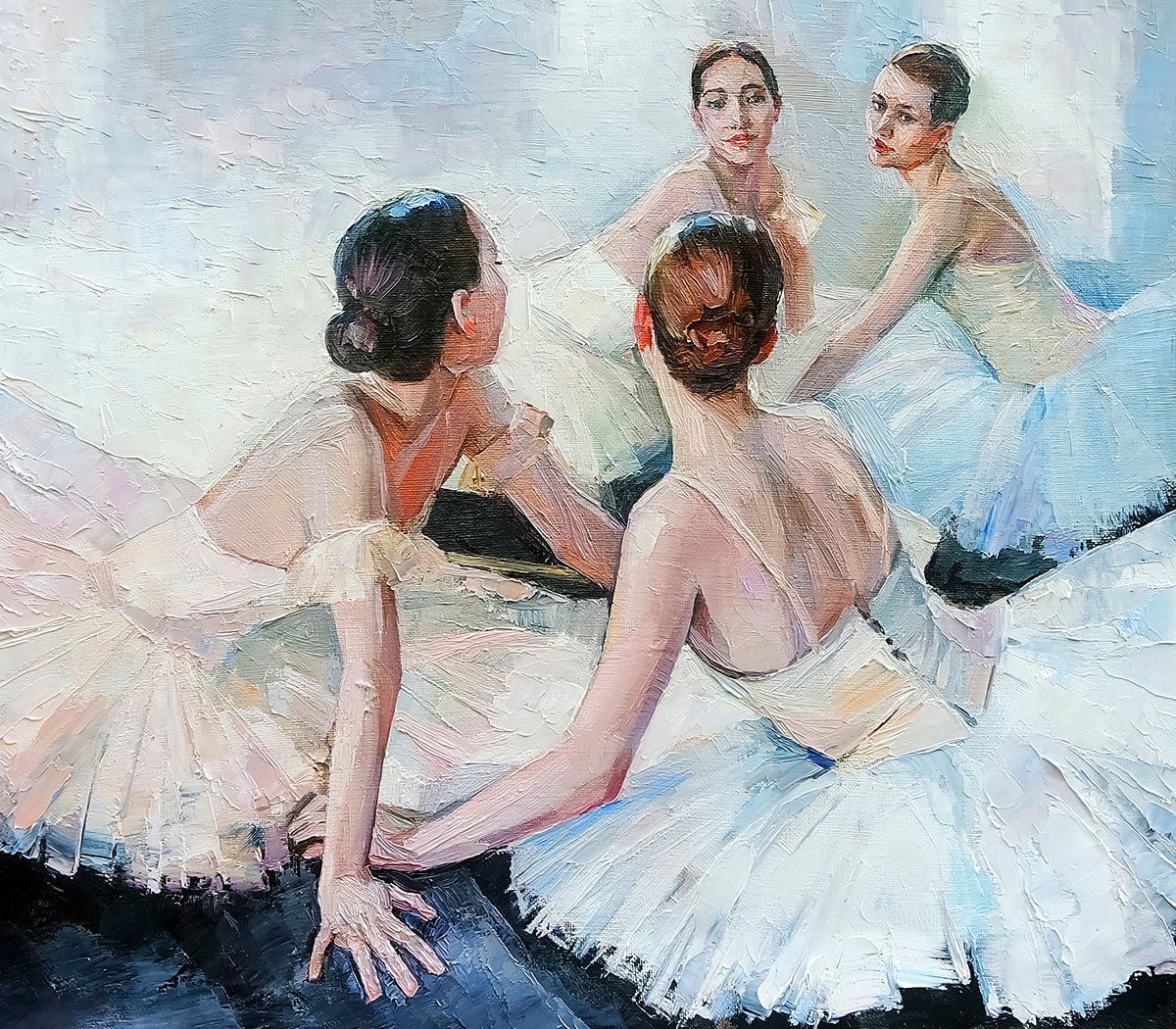 Beautiful ballerinas sit on the floor and look in the mirror, oil painting