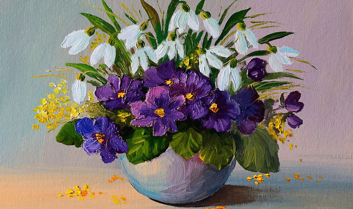 Original oil painting bouquet of different flowers in a vase
