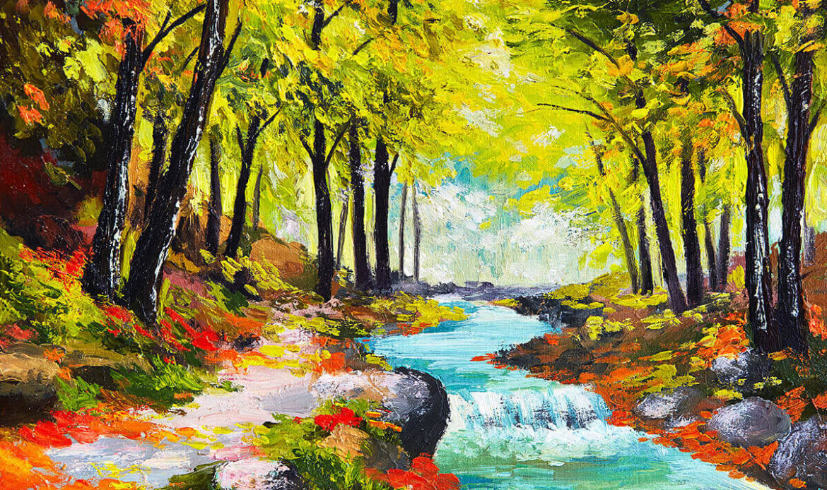 Painting with a fast stream in the forest