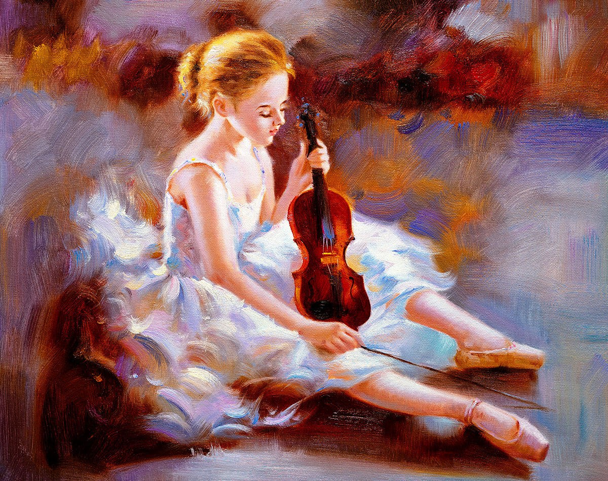 Painting with a magnificent ballerina holding a violin in her hands
