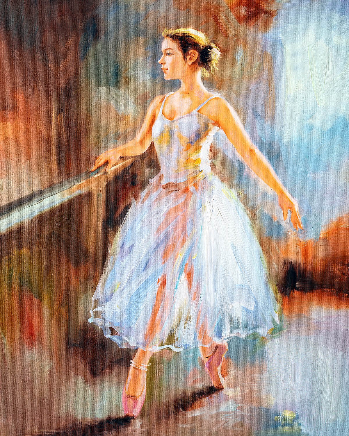 Attractive ballerina walks in pointe shoes, original oil painting